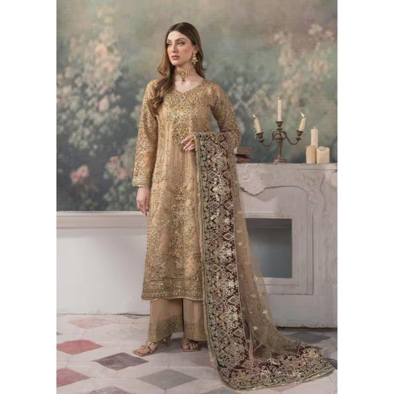 Embroidered Net Pakistani Salwar Kameez: 3-piece Beige Suit - Etsy