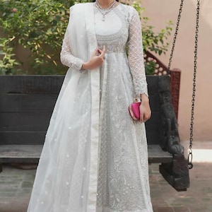 White Embroidered Organza Nikkah Dress: Pakistani Wedding Maxi
