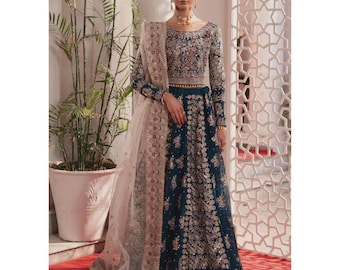 Blue Lehenga Set Women Pakistani Wedding Guest Embroidered Party Dress