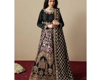 Schwarzes Ausgestelltes Maxi Kleid | Pakistanisches Kleid 3 Teilig | Bestickte Hochzeits-Gastbekleidung | Formelles Outfit