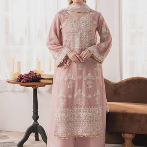 Blush Pink Embroidered Chiffon Shalwar Kameez | Pakistani 3-Piece Suit