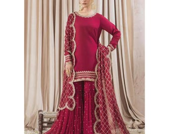 Fuchsia Pakistani Gharara Suit | Embroidered Mehndi Wedding Guest 4 Piece Outfit