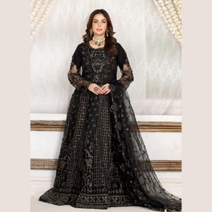Embroidered Black Net Maxi Dress: Pakistani Wedding Partywear
