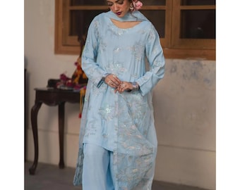 Light Blue Silk Suit | Pakistani Wedding Outfit | Farshi Shalwar 3PC