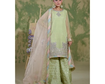Mint Green Kurti | 4 Piece Sharara Set | Pakistani Embroidered Dress | Party Wear Outfit