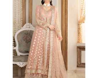 Pink Embroidered Net Maxi Dress: Pakistani Wedding Guest Outfit