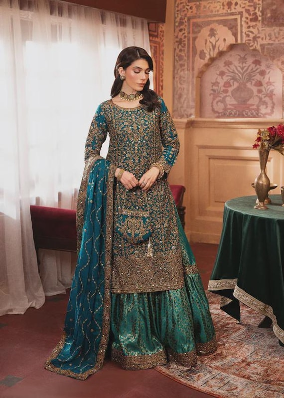 Teal Chiffon Lehenga Choli Jamawar Pakistani Indian Wedding Bridal Festive Ethnic Wear