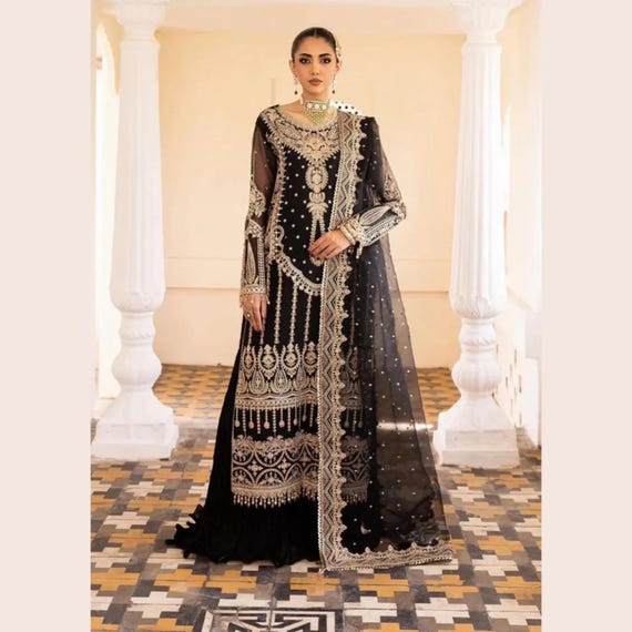 black and gold pakistani wedding dress Heavy Embroidered Black Chiffon Wedding Dress – Best Price Online in  Pakistan