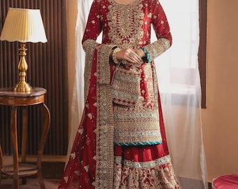Bridal Gharara | Chiffon Embroidered Hand Embellished Wedding Outfit with Dupatta | Bridal Dress | Pakistani Designer