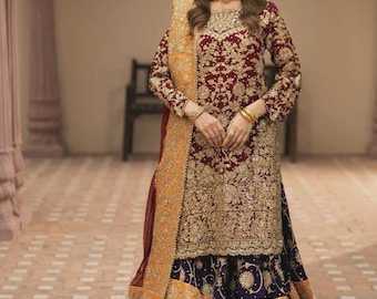 Maroon Bridal Lehenga Choli | Chiffon Embroidered Hand Embellished Wedding Outfit with Dupatta | Bridal Dress | Pakistani Designer