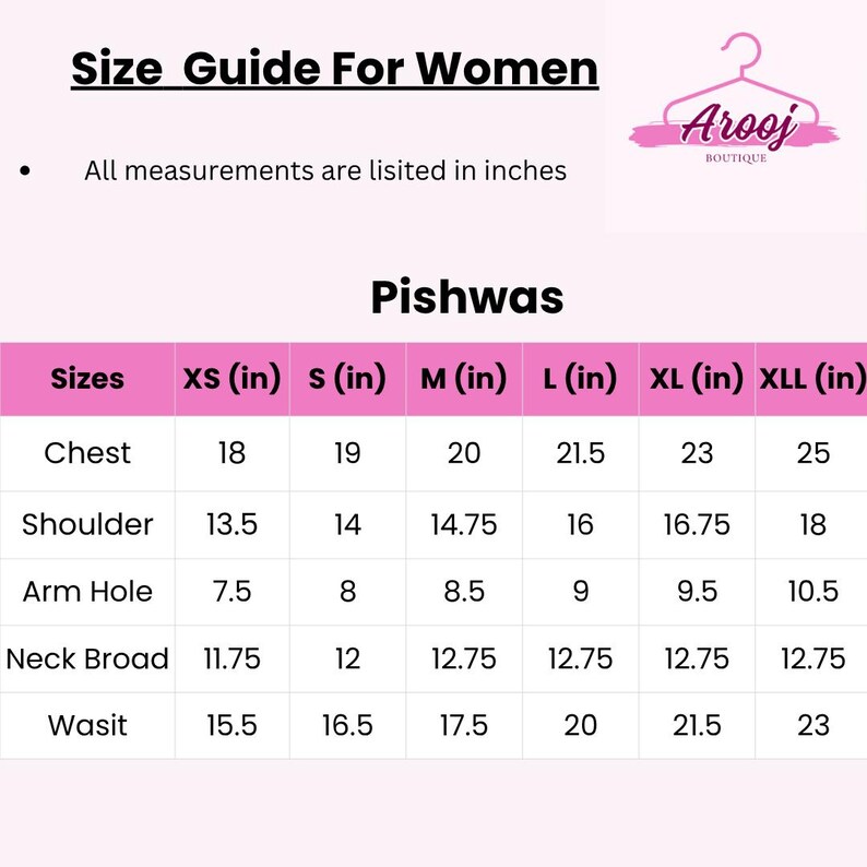 May include: Size guide for women's Pishwas clothing. Measurements are listed in inches. Includes chest, shoulder, arm hole, neck broad, and waist sizes for XS, S, M, L, XL, and XXL sizes. The Arooj Boutique logo is in the upper right corner.