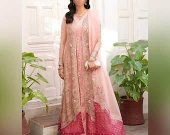 Embroidered Pakistani Wedding Gown: Net Maxi Dress, Organza Dupatta