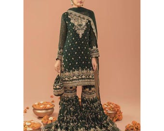 Bottle Green Embroidered Kurta Gharara | Pakistani Formal Wear