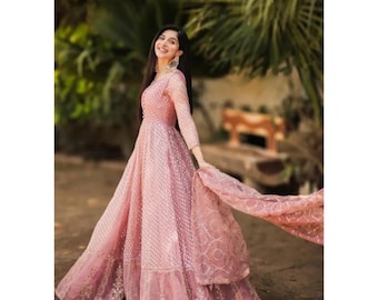 Pink Embroidered Organza Pishwas | Pakistani Wedding & Festive Outfit