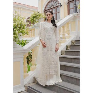 Off White Embroidered Lehenga Set | Long Net Shirt & Crepe Lehenga | Nikkah Outfit