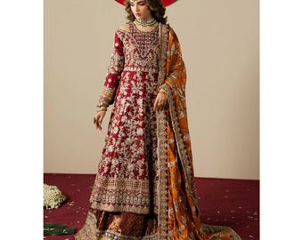 Maroon Anarkali Maxi | 3 Piece Lehenga Set | Pakistani Wedding Guest Dress | Formal Wear