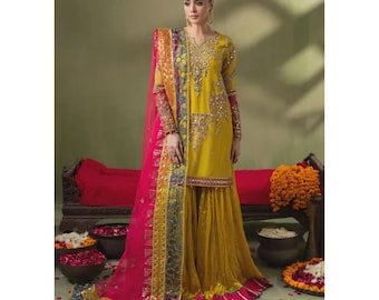 Organza Kurti Gharara Set | Green & Yellow Embroidered Festive Party Wear