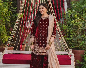 Embroidered Velvet Kurta Set: Maroon Pakistani 3-Piece Outfit