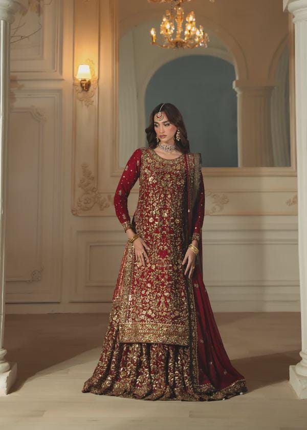 Red Bridal Lehenga Choli | Chiffon Embroidered Hand Embellished Wedding Outfit with Dupatta | Bridal Dress | Pakistani Designer