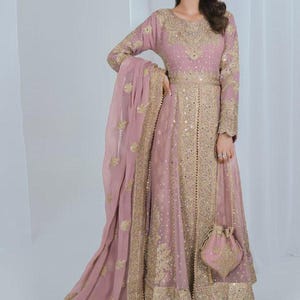 Pink Embroidered Chiffon Pakistani Gown: Wedding Outfit with Dupatta