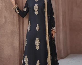 Black Sharara Set Women 3 Piece Pakistani Party Wear Raw Silk Dress