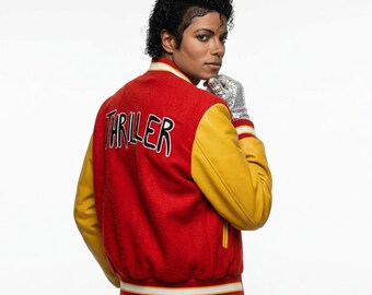 Veste Bomber Varsity Thriller MJ – Cosplay Michael Jackson, Concert, Halloween, Letterman Jaune/Rouge