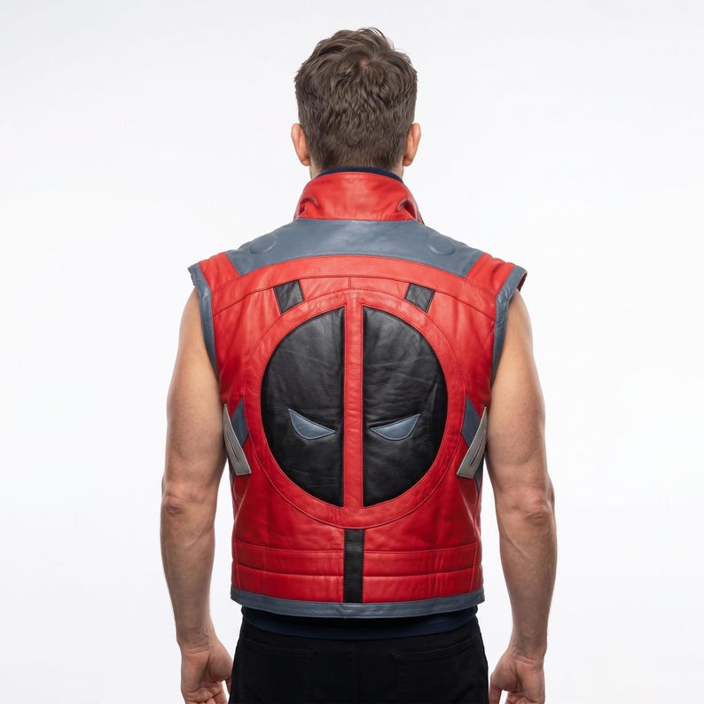 May include: Red and black leather vest with a gray collar and accents. The back of the vest features a large black circle with a stylized eye design. The vest is sleeveless and has a high collar.