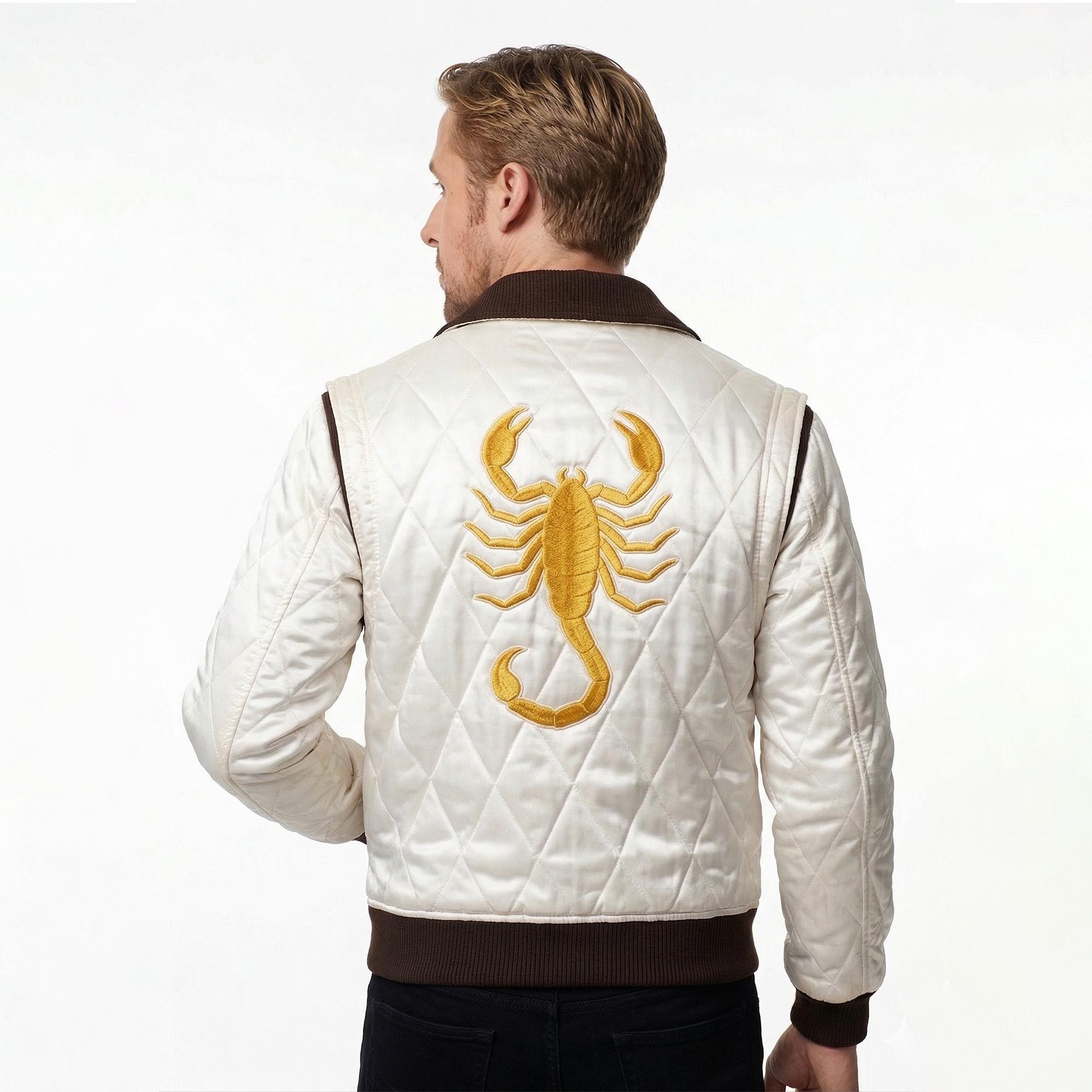 Motorcycle Drive Gosling Scorpion Logo Ivory White Bomber Satin