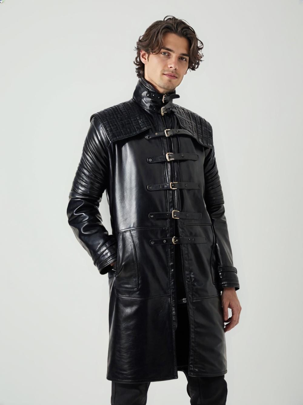 Cappotto Lungo Uomo In Vera Pelle D'agnello Nera – Stile Gotico/Van Helsing – Taglio Over, Chiusura Con Zip E Bottoni