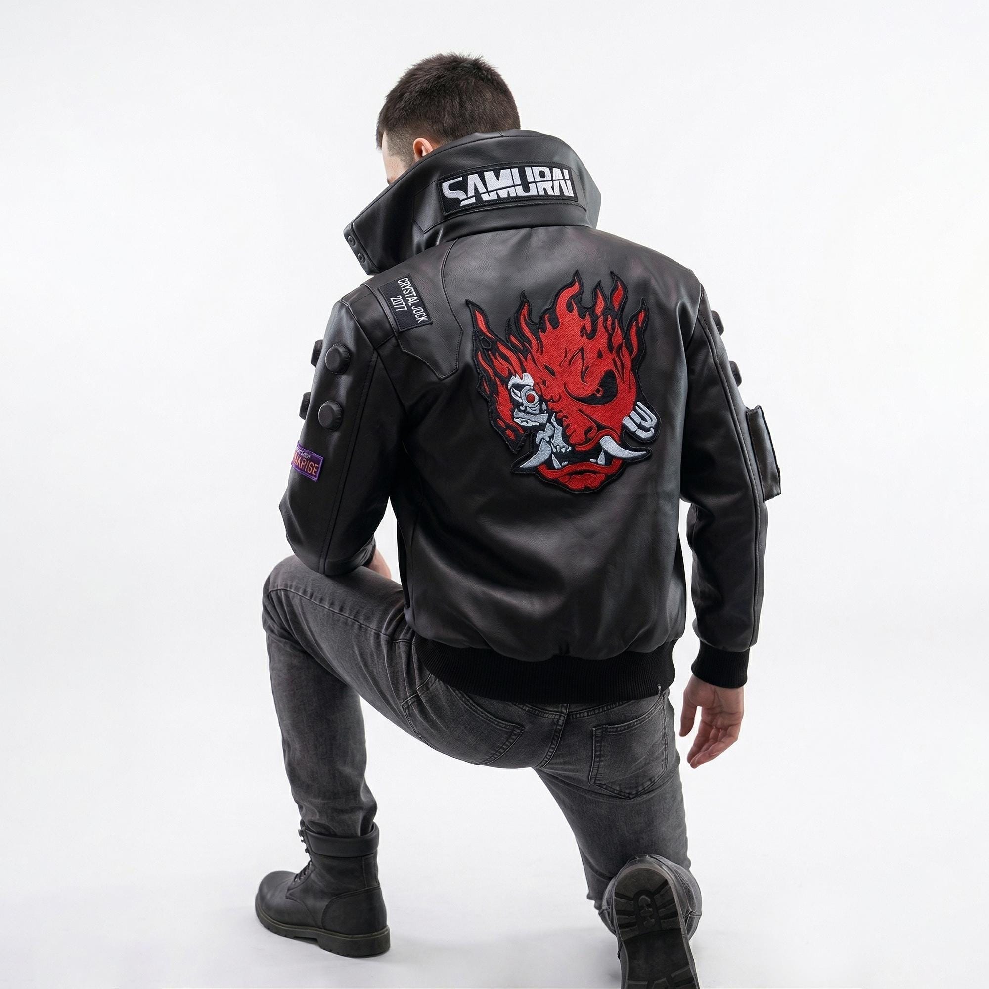 VOGUISH ブラック レザージャケット フード付き サイバーパンク2077 V コスプレジャケット – サムライブラックレザー