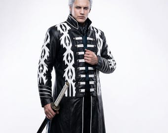 Devil May Cry 5 Vergil Cosplay Coat, DMC 5 Long Leather Trench Coat, Cosplay Costume