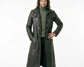 Gabardina de cuero negro inspirada en Van Helsing, cazador de vampiros