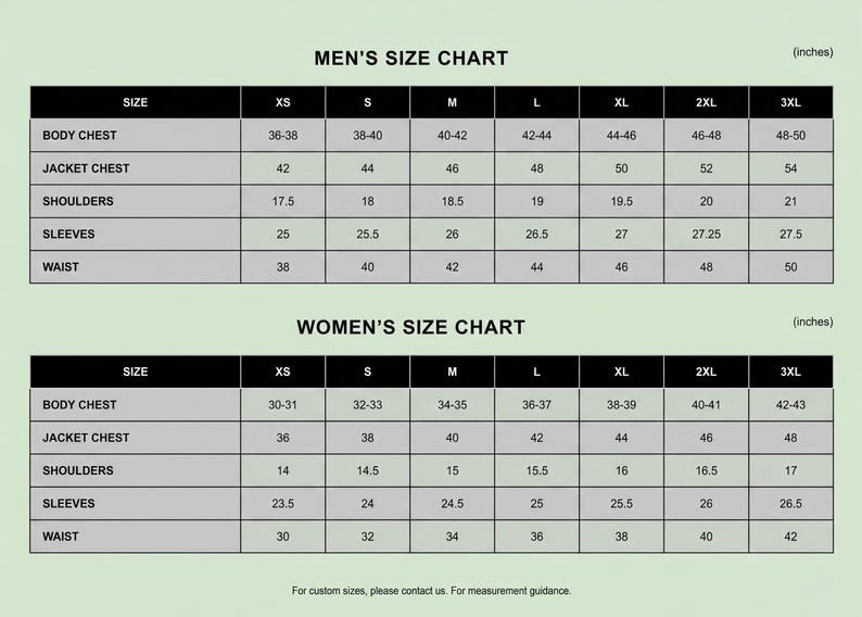 May include: A size chart for men's and women's clothing, with measurements in inches. The chart includes sizes XS to 3XL, detailing body chest, jacket chest, shoulders, sleeves, and waist measurements. The text "MEN'S SIZE CHART" and "WOMEN'S SIZE CHART" are at the top.
