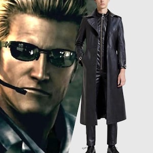 Men&#39;s Albert Wesker Black Trench Coat, Resident Evil Cosplay Costume, RE 5 Cosplay Coat, real leather coat