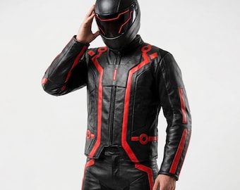 Chaqueta de cosplay de Tron Ares / Chaqueta de motociclista de cuero futurista negra y roja inspirada en Tron Legacy