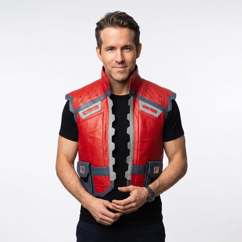 May include: A red leather vest with gray and blue accents. The vest has a high collar and two front pockets. The person in the image is wearing a black t-shirt and a watch.