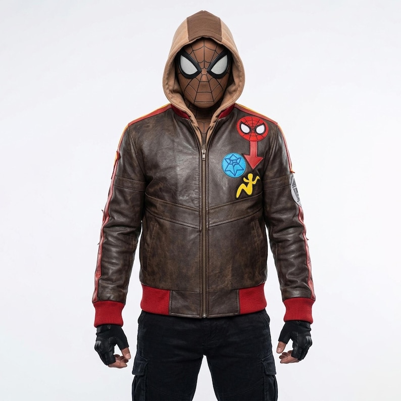 May include: A brown leather jacket with a tan hood, red ribbed cuffs, and a front zipper. The chest features a red Spider-Man emblem, a blue circular patch, and a yellow silhouette figure. The sleeves have red stripes and black fingerless gloves.