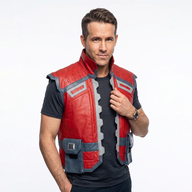 May include: A red and gray leather vest with a high collar and geometric accents. The vest has two front pockets and a gray trim. The person in the image is wearing a black t-shirt and a watch.