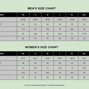 May include: A size chart graphic on a light green background featuring two tables labeled Size Chart with rows for body chest, jacket chest, shoulders, sleeves, and waist measurements in inches for sizes XS through 3XL, including custom size contact text.