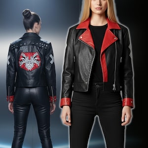 May include: Black leather jacket with red detailing on the collar, cuffs, and inner lining. The jacket has a zip closure and a decorative emblem on the back. The jacket is shown on a model.