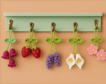Crochet Car Hanging Patterns Bundle, Bell Flowers,Calla Lily ,Strawberries,Lavender and Puff Flower