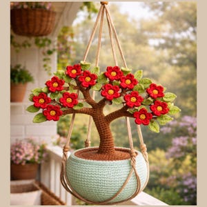 Modello di albero bonsai con piccoli fiori in formato PDF, decorazione di piante amigurumi con tutorial video