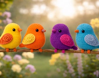 May include: Four colorful, crocheted birds perched on a brown branch. The birds are yellow, orange, purple, and blue, each with contrasting wing and belly details. The background is a soft, blurred view of flowers and foliage.
