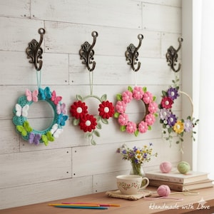 Crochet Wreath Pattern Bundle,Red , Pink ,butterfly wreath PDF Downdload