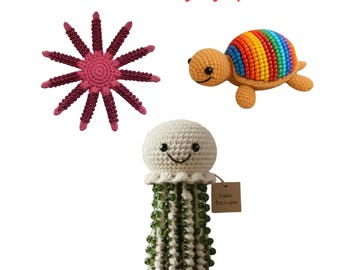 Crochet Turtle, Starfish, Jellyfish Sensory Toy Patterns (Bundle of 3)