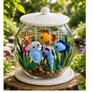 May include: A clear glass bowl with a white crocheted lid and base, filled with crocheted sea life including a yellow fish, blue fish, orange starfish, and shells, all suspended by beaded strings above a layer of small brown pebbles.