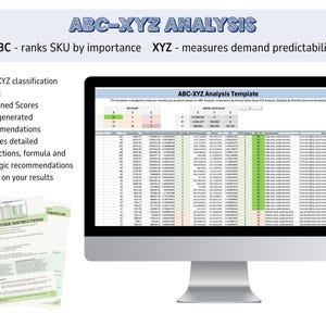 May include: A computer monitor displays an "ABC-XYZ Analysis Template" with data and a spreadsheet. The text on the screen reads "ABC - ranks SKU by importance XYZ - measures demand predictability." Documents with instructions are in the foreground.