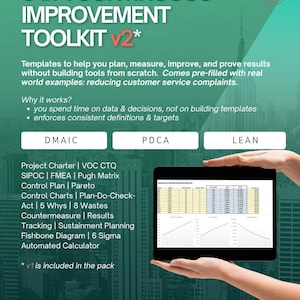 Può includere: Un kit di strumenti digitale, "3-in-1 Continuous Improvement Toolkit v2*", è mostrato nell'immagine. Un tablet visualizza grafici e dati, tenuto da una persona. Il kit offre modelli per pianificare, misurare e migliorare i processi.