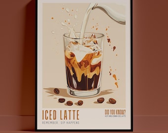 Affiche de latte glacé, art tendance pour une boisson au café-bar
