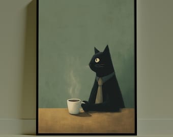 Grafika ścienna z kotem kawowym, dekoracja kuchni dla smakoszy, zabawny plakat do baru w stylu vintage, modny prezent dla miłośnika kawy i zwierząt, wystrój wnętrz z czarnym kotem